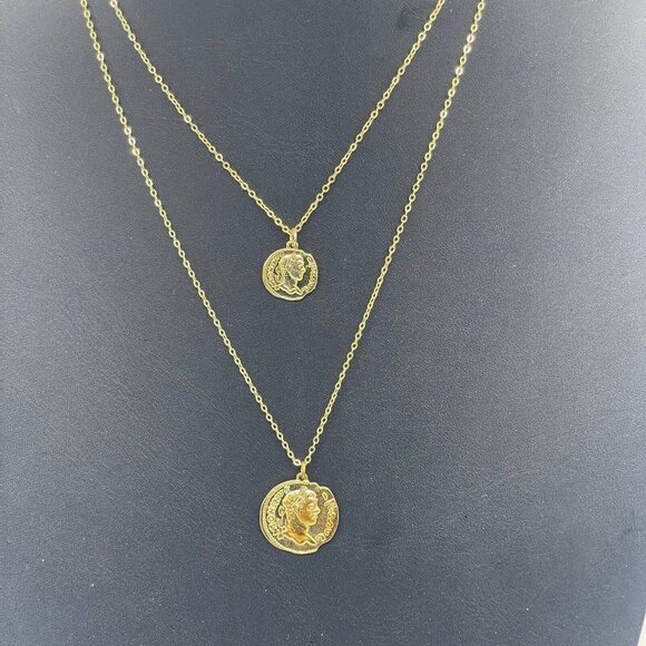 Sha Shi Queen Coin Double Chain Necklace Spring Ring Gold Tone 16-18 Inches - Picture 2 of 6